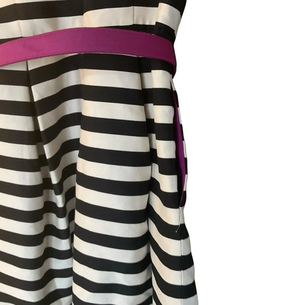 White House Black Market Black White Striped Fit & Flare Dress Purple Belt - Picture 5 of 9